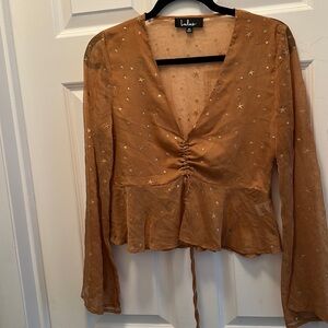 Lulu's Alison Gold and Tan Sheer star print chiffon long sleeve top